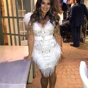 Portia and Scarlett white feather dress